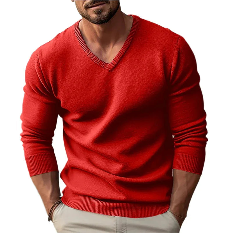 Knitted V-Neck Slim Fit Long Sleeve Sweater For Men