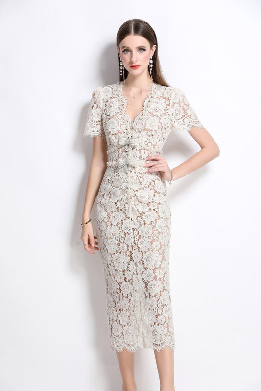 Magnolia White Double Layer Lace Cut Out Pencil Dress-1