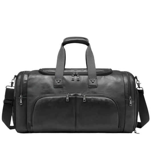 Men's Leather Business Travel Duffle Weekend Bag With Attachable Shoulder Strap