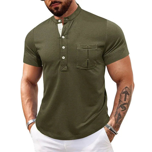 Men's Round Neck Short Sleeve Chest Pocket Polo Shirt