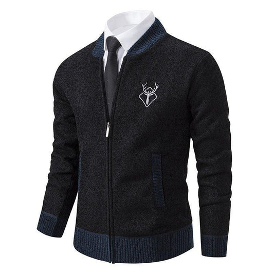 Men's Slim Stand Collar Elk Embroidered Sweater