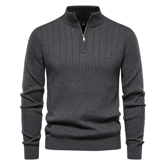 Men's Stand Collar Sweater Fashion Half-zipper Solid Color Striped Knit Sweater High Quality Slim Fit Top Clothing