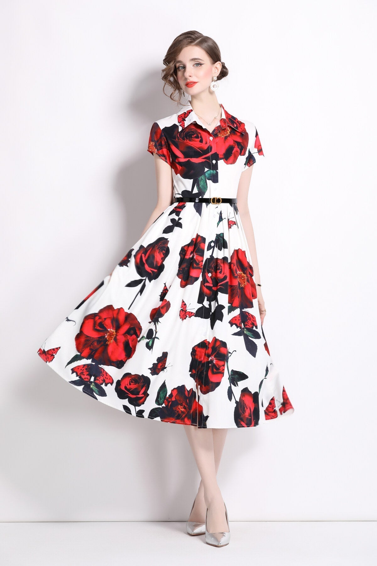 Romantic Rose Lapel Collar Shirt Dress-2