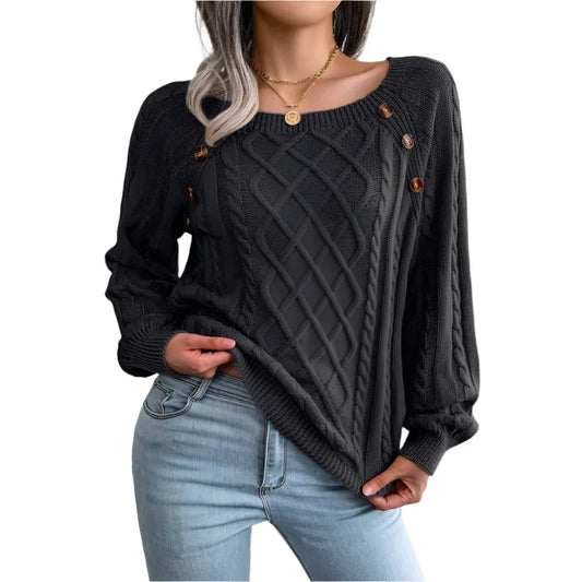 Square Neck Knitted Sweater With Button Design Winter Warm Long Sleeve Tops Women's Clothing