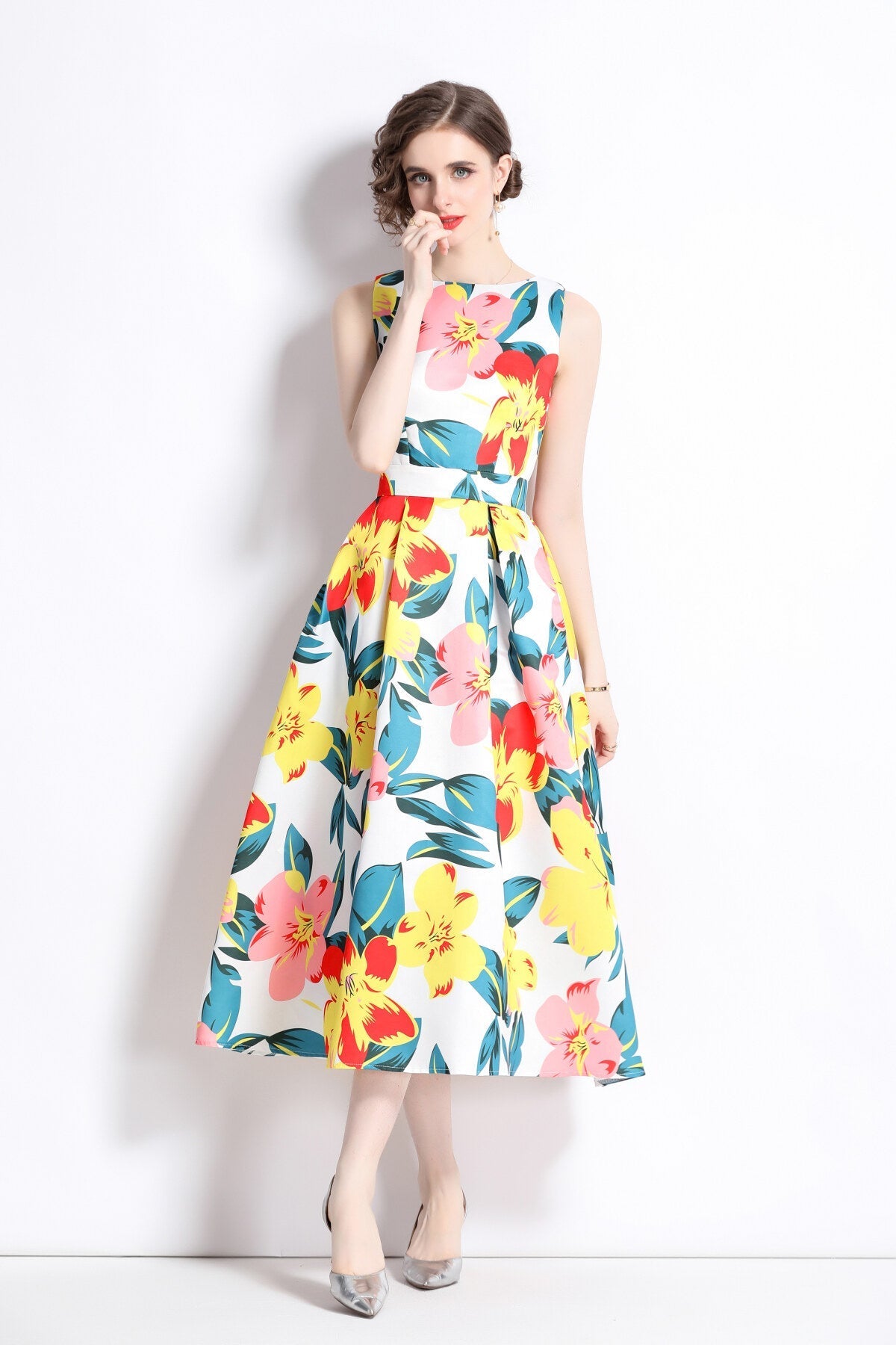 Vibrant Abstract Fitted Waist A Line Dress-5