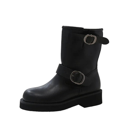 Women's Round Toe Vintage Martin Boots Shoes With Two Buckles